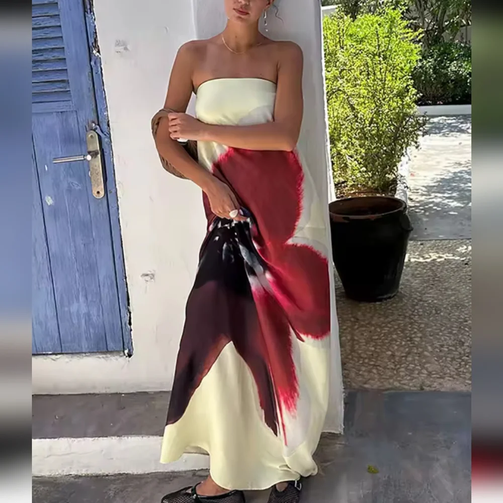 Sexy Strapless Print Floral Belt Women Maxi Dress Yellow Backless Vacation - Picture 2 of 9
